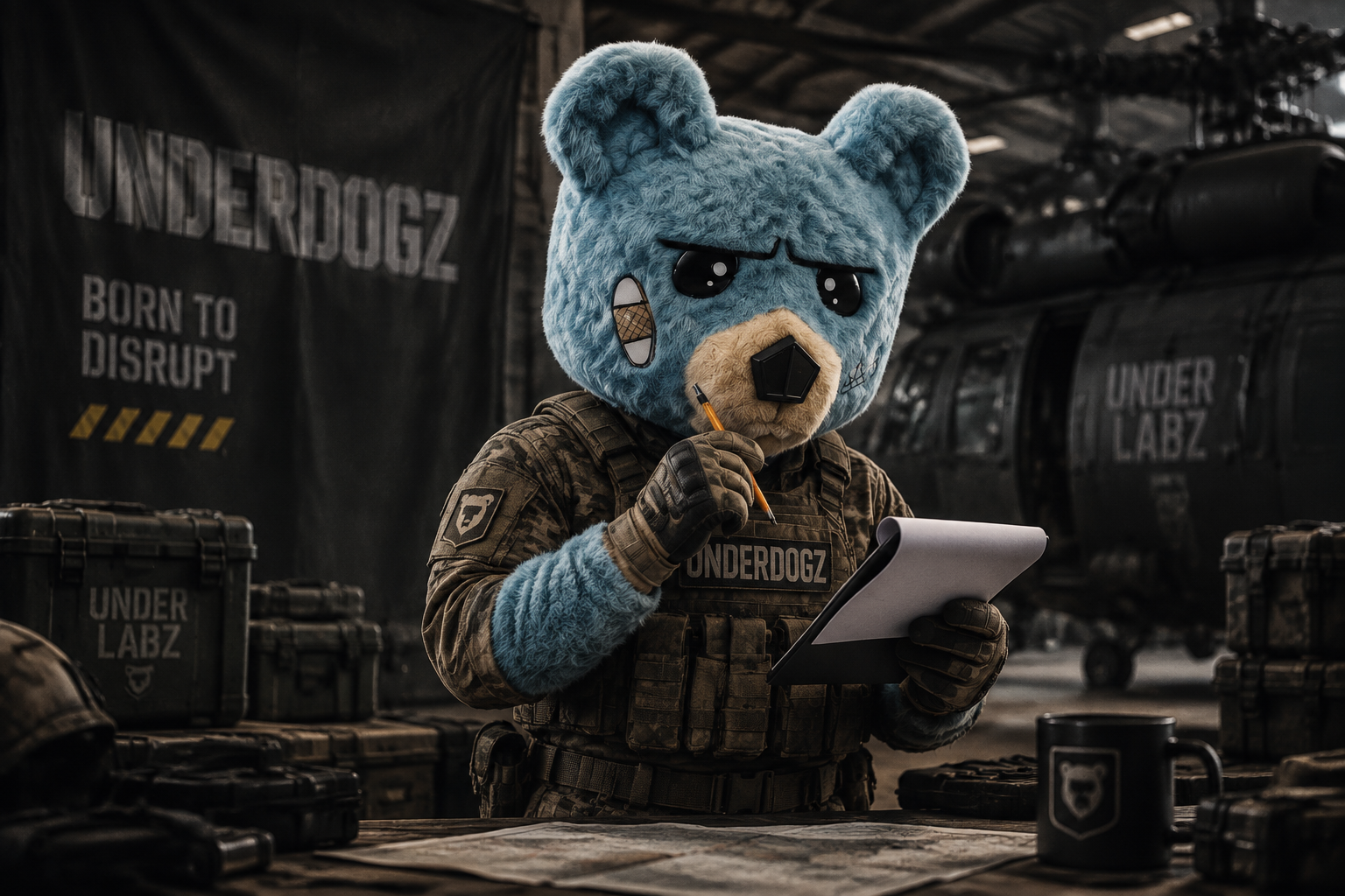 Mascote Underdogz anotando o briefing